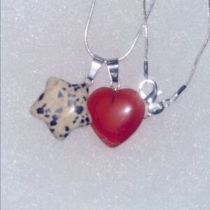 Boho Hippie Carnelian Agate Heart & Dalmatian Jasper Star Silver 16” Necklace